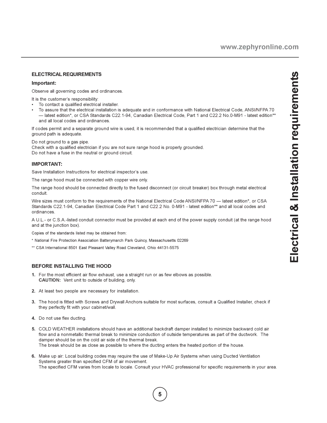 Zephyr ESL-M90AS manual Electrical & Installation requirements, Electrical Requirements, Before Installing the Hood 