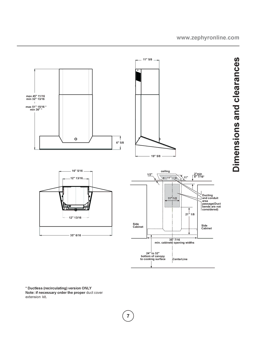 Zephyr ESL-M90AS manual Dimensions and clearances 