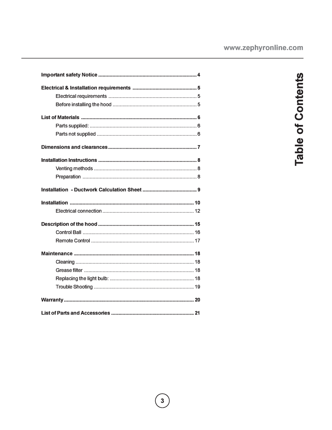 Zephyr ESL-M90AS manual Table of Contents 