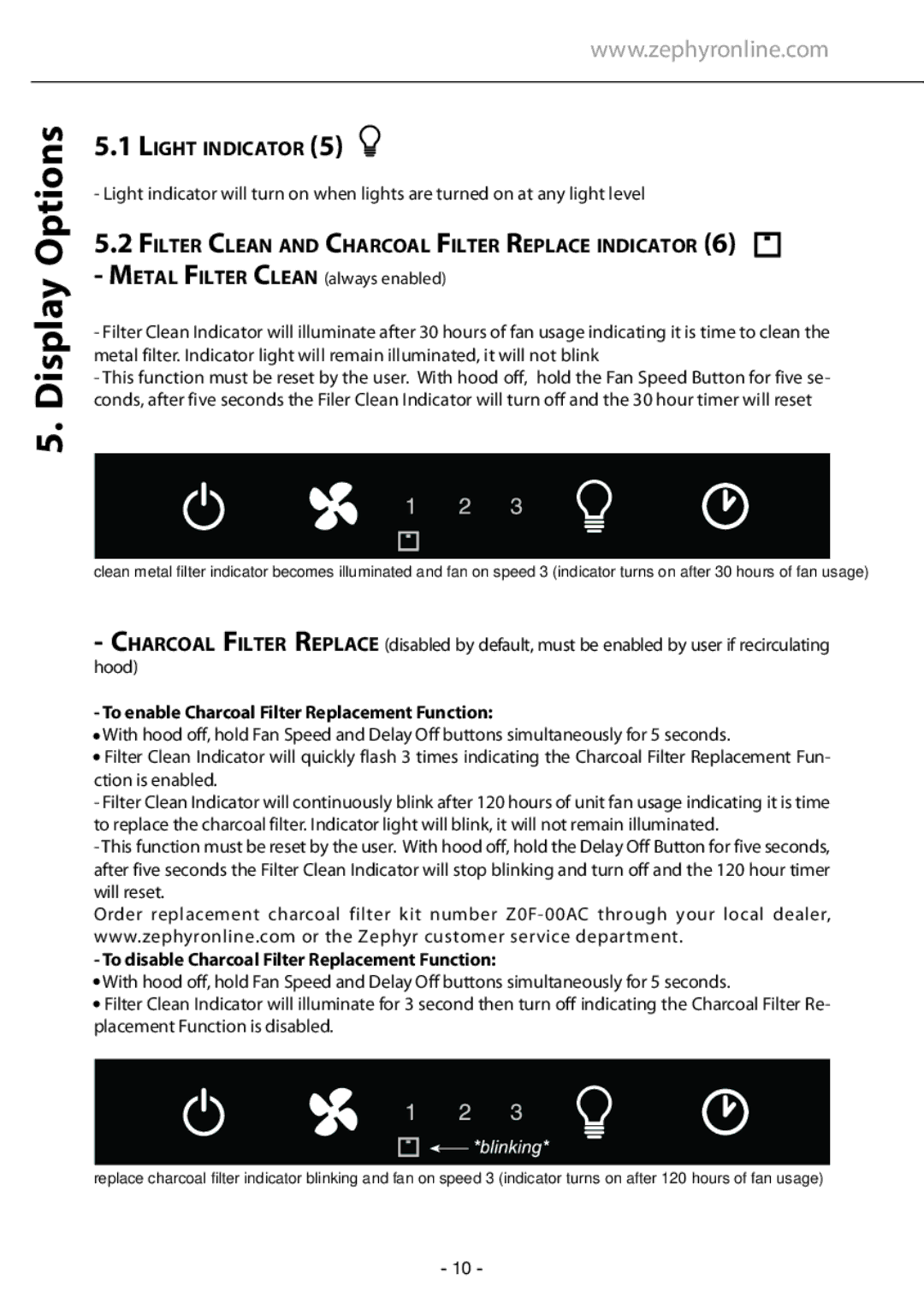Zephyr GU5/MR16, GU4/MR11 manual Display Options, Light Indicator, Filter Clean and Charcoal Filter Replace Indicator 