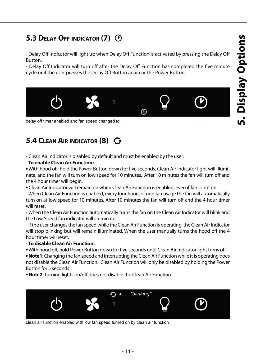 Zephyr GU4/MR11 Delay OFF Indicator, Clean AIR Indicator, To enable Clean Air Function, To disable Clean Air Function 