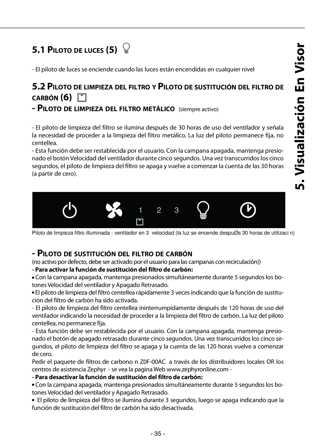 Zephyr GU4/MR11, GU5/MR16 manual Visualización En Visor, Piloto DE Luces, Piloto DE Sustitución DEL Filtro DE Carbón 