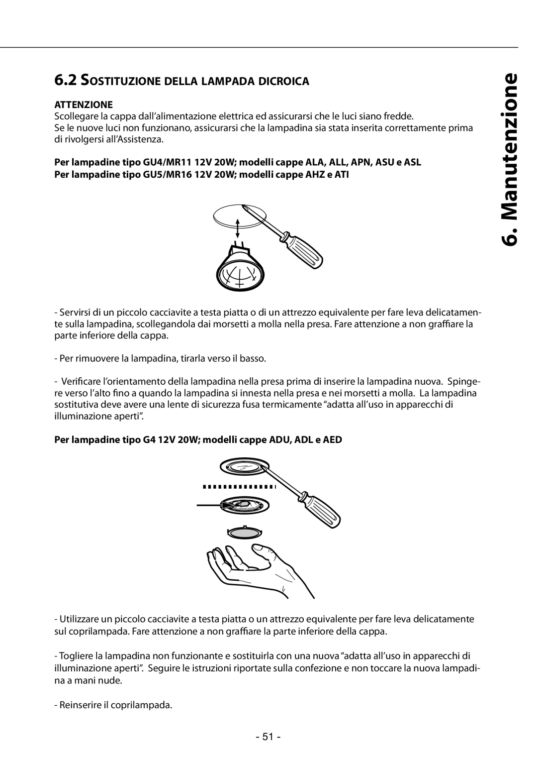 Zephyr GU4/MR11, GU5/MR16 manual Sostituzione Della Lampada Dicroica, Attenzione 