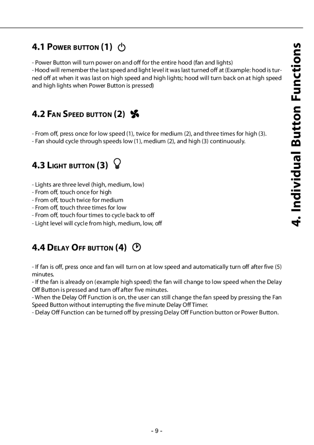 Zephyr GU4/MR11, GU5/MR16 manual Individual Button Functions, Power Button, FAN Speed Button, Light Button, Delay OFF Button 