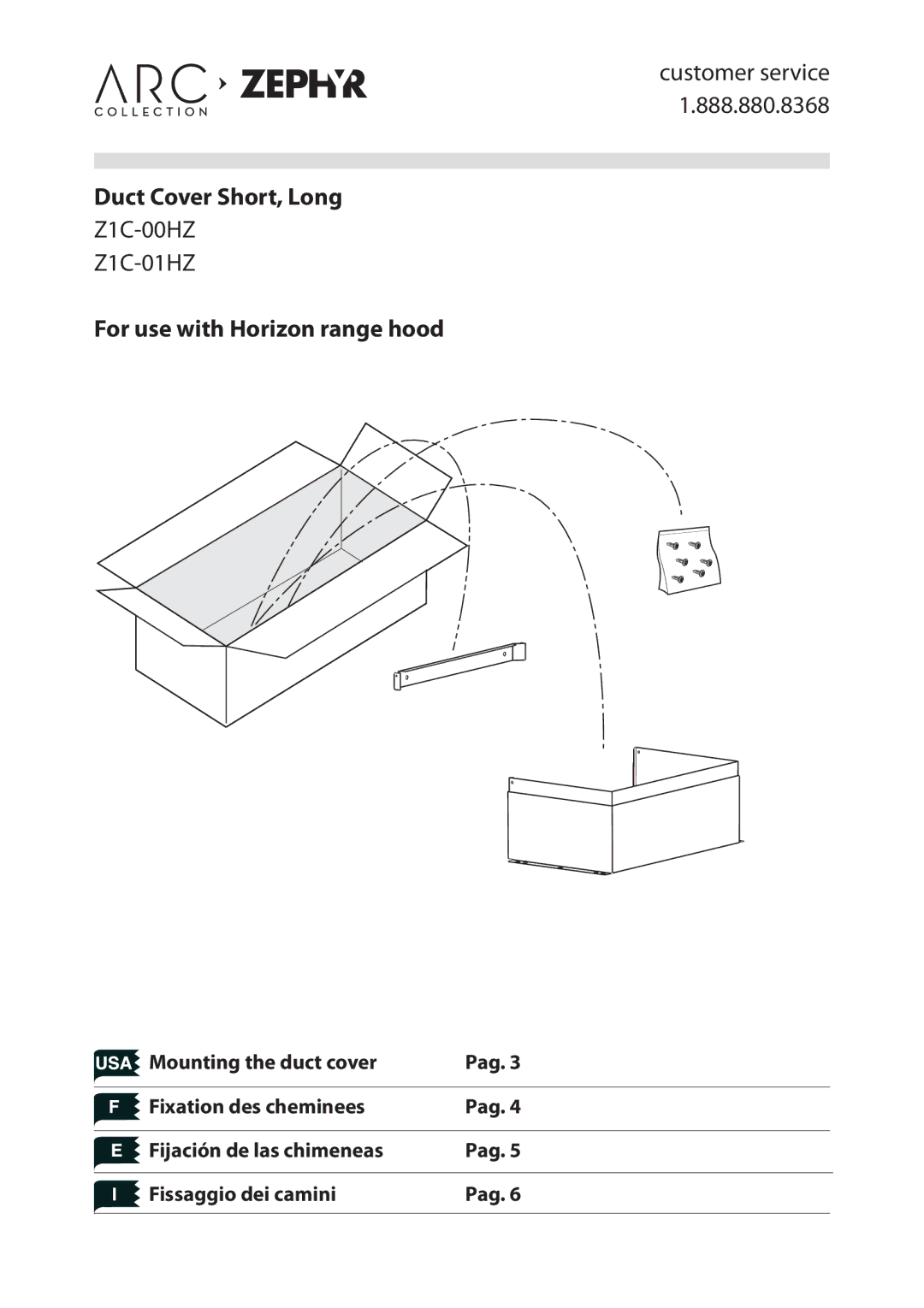 Zephyr Z1C-01HZ, Z1C-00HZ manual Duct Cover Short, Long 