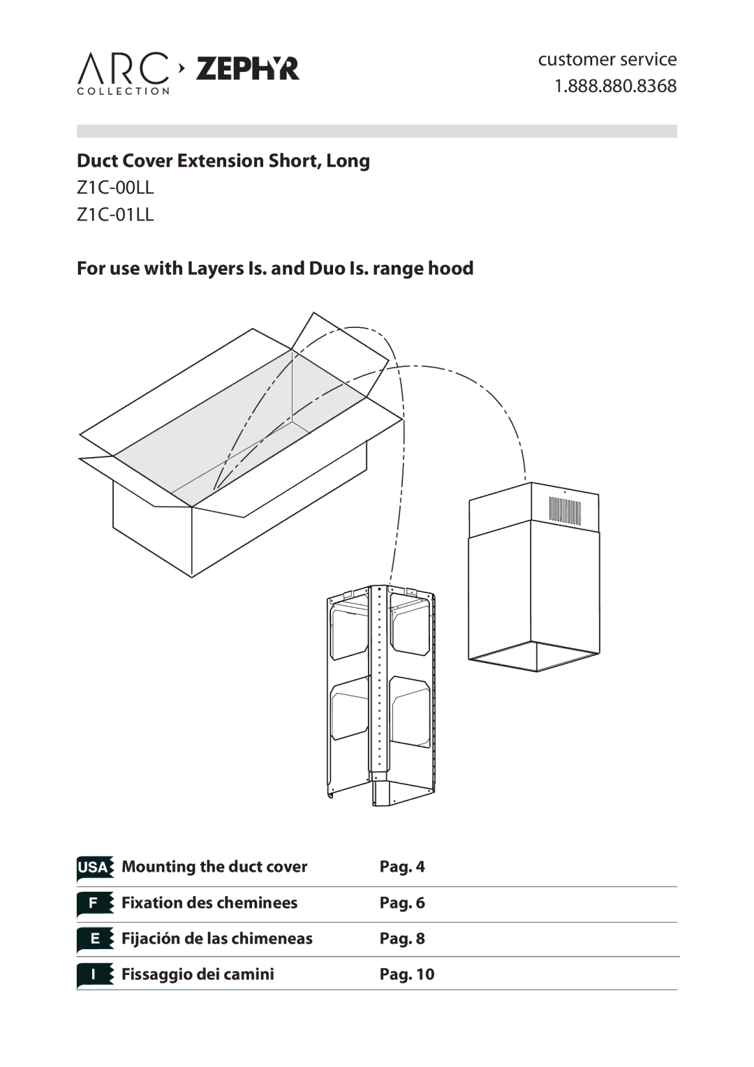 Zephyr Z1C-01LL, Z1C-00LL manual Duct Cover Extension Short, Long 