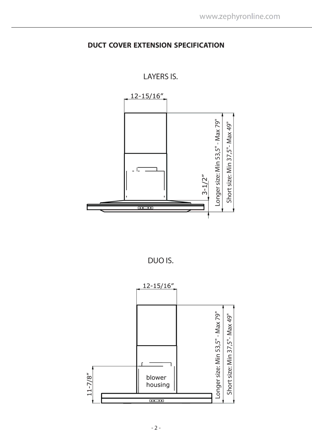 Zephyr Z1C-00LL, Z1C-01LL manual DUO is, Duct Cover Extension Specification 