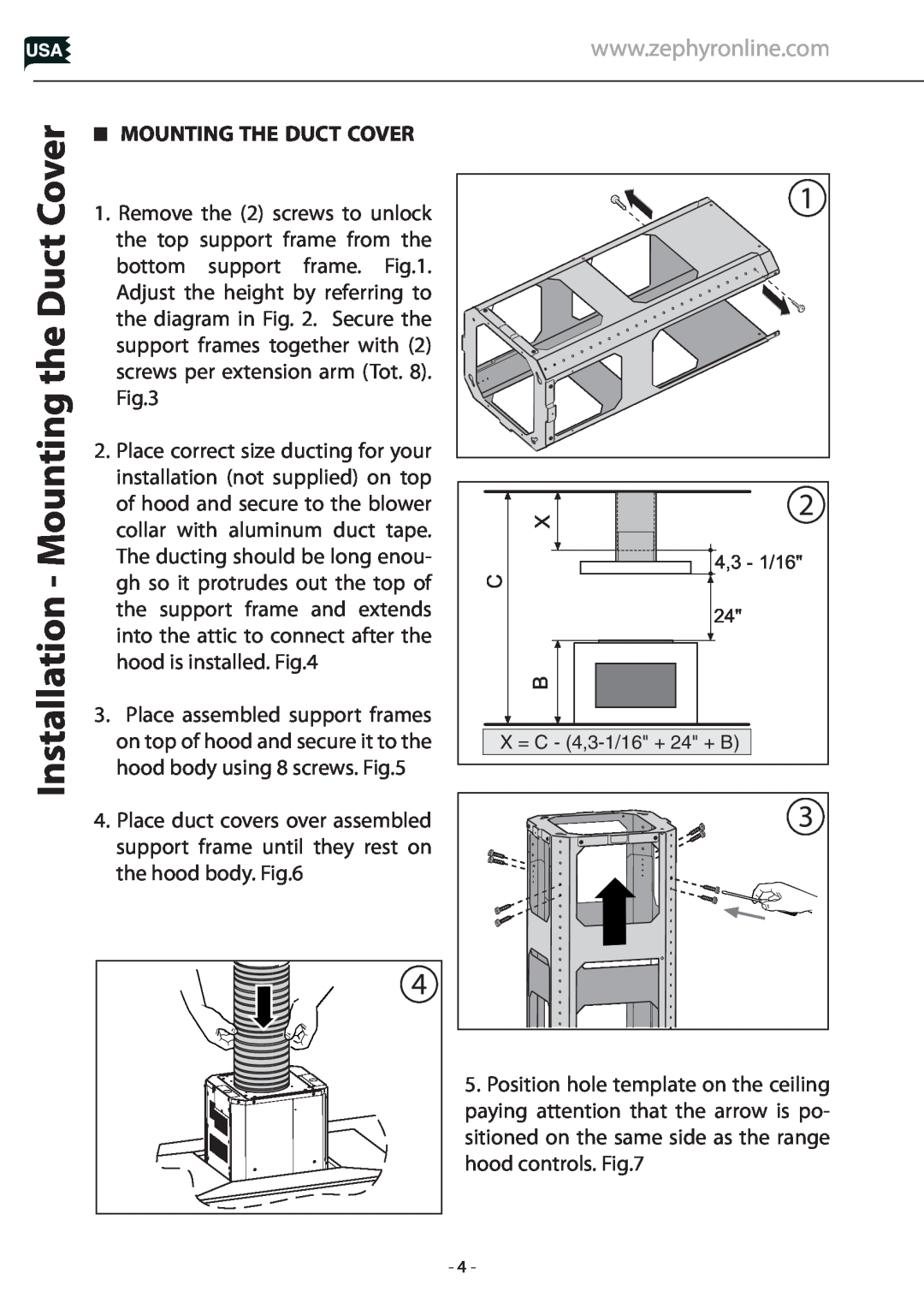 Zephyr Z1C-00LL, Z1C-01LL Installation - Mounting the Duct Cover, Mounting The Duct Cover, Place assembled support frames 