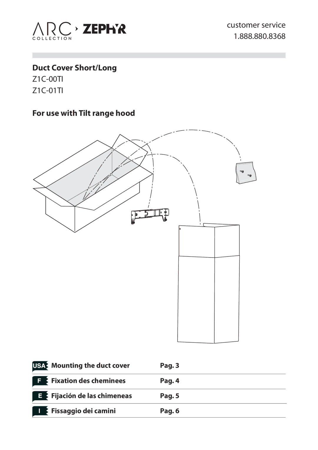 Zephyr Z1C-00TI, Z1C-01TI manual For use with Tilt range hood, Customer service 