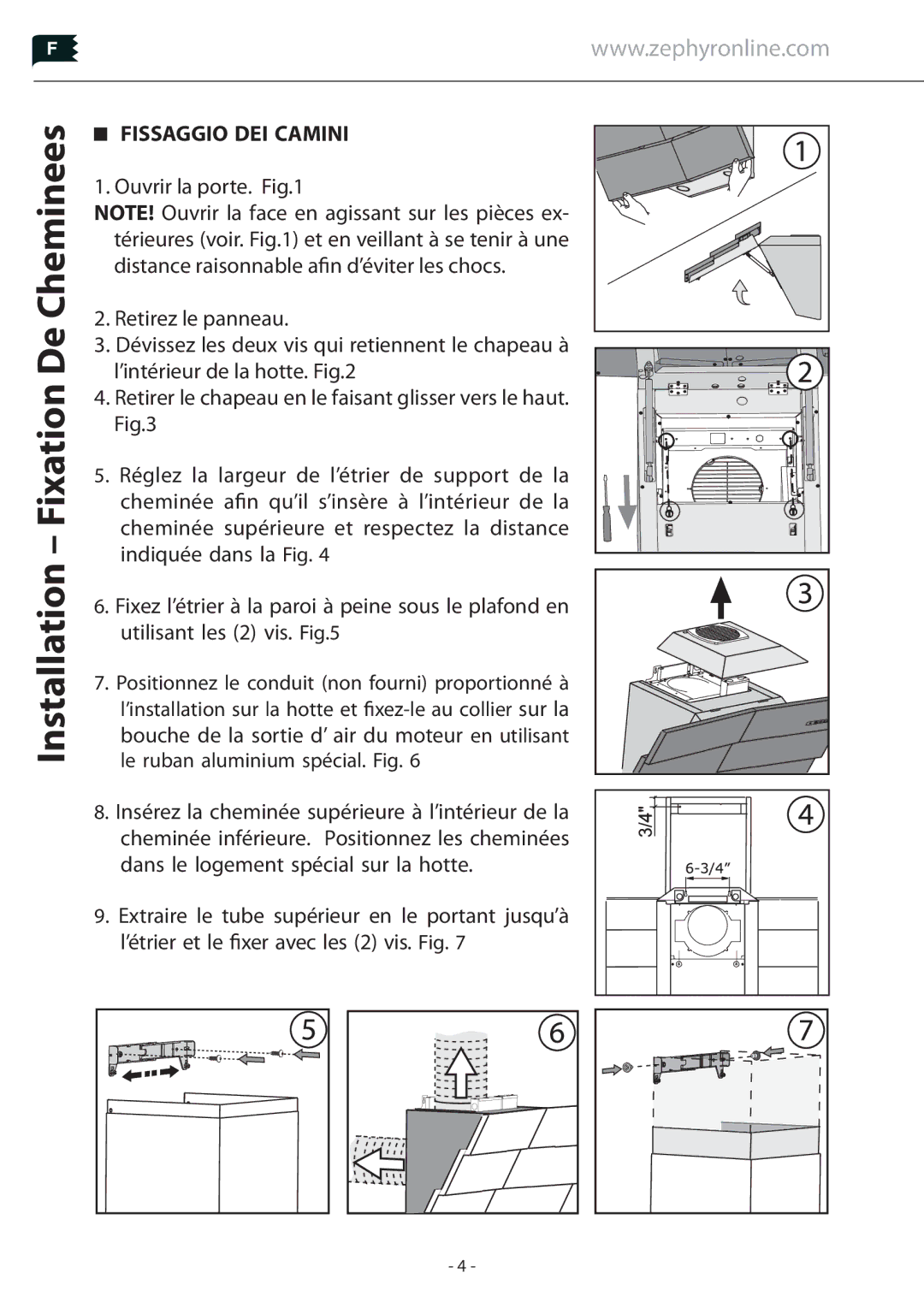 Zephyr Z1C-01TI, Z1C-00TI manual Installation Fixation De Cheminees, Fissaggio DEI Camini 