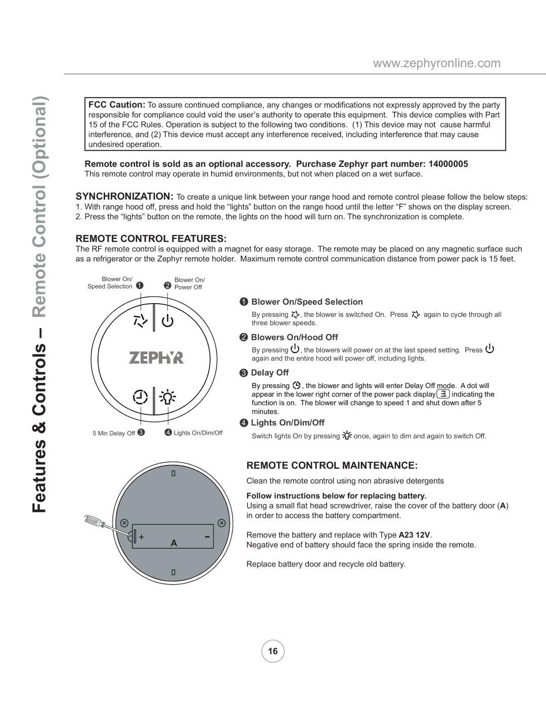 Zephyr ZGE-E30AS290, ZGE-E36AS290 manual Control Optional, Remote Control Features, Remote Control Maintenance 