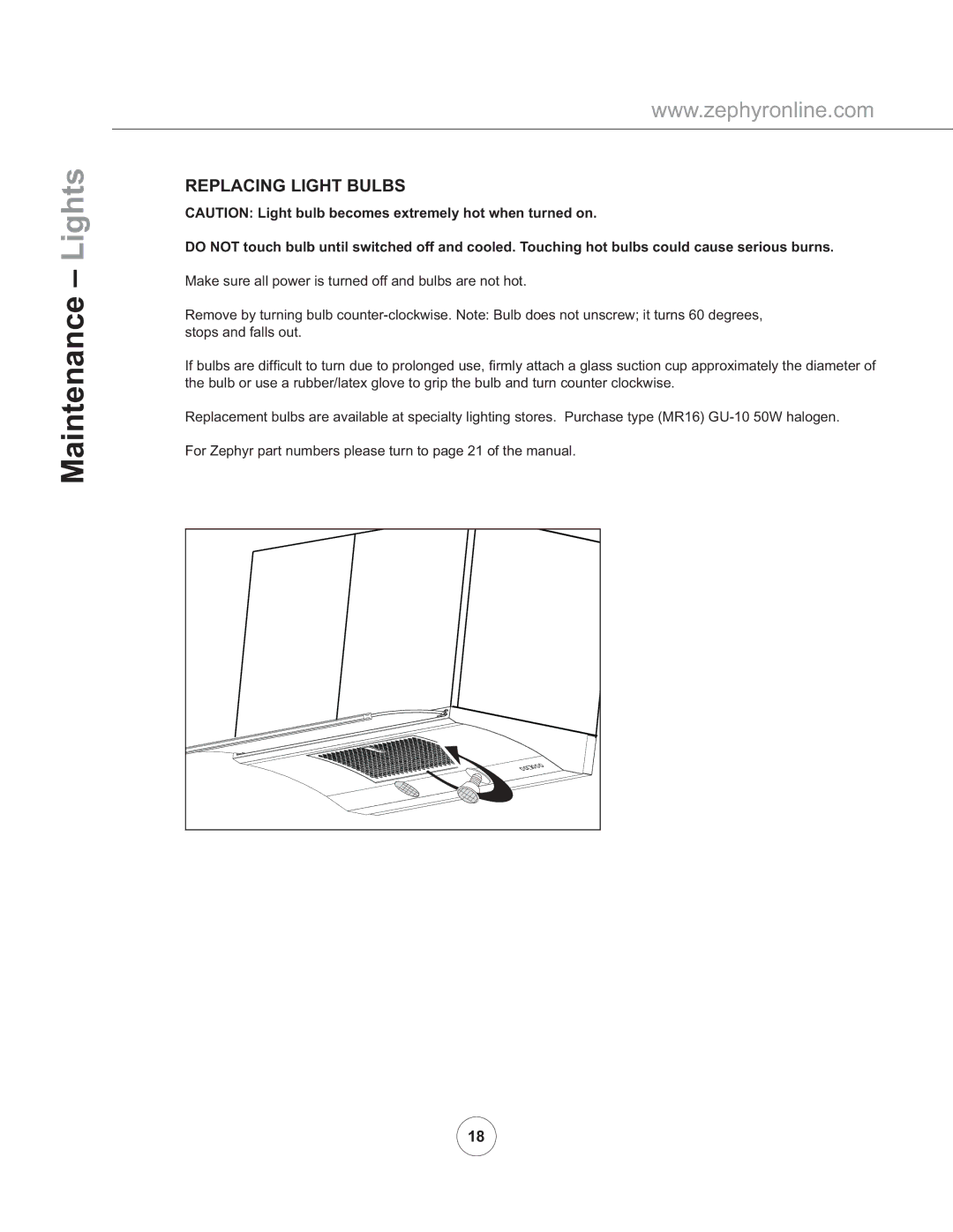 Zephyr ZGE-E30AS290, ZGE-E36AS290 manual Maintenance Lights, Replacing Light Bulbs 