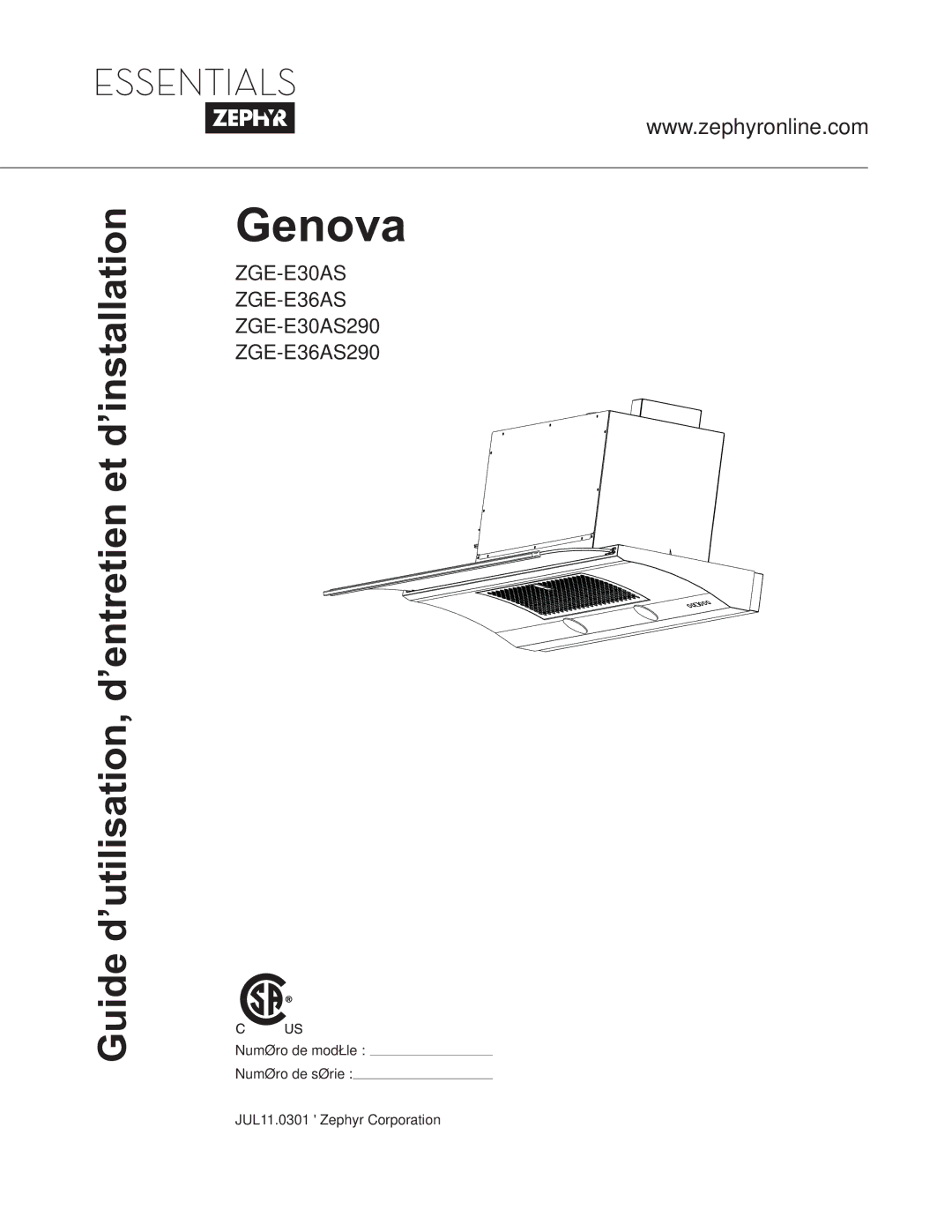 Zephyr ZGE-E30AS290, ZGE-E36AS290 manual Guide d’utilisation, d’entretien et d’installation 