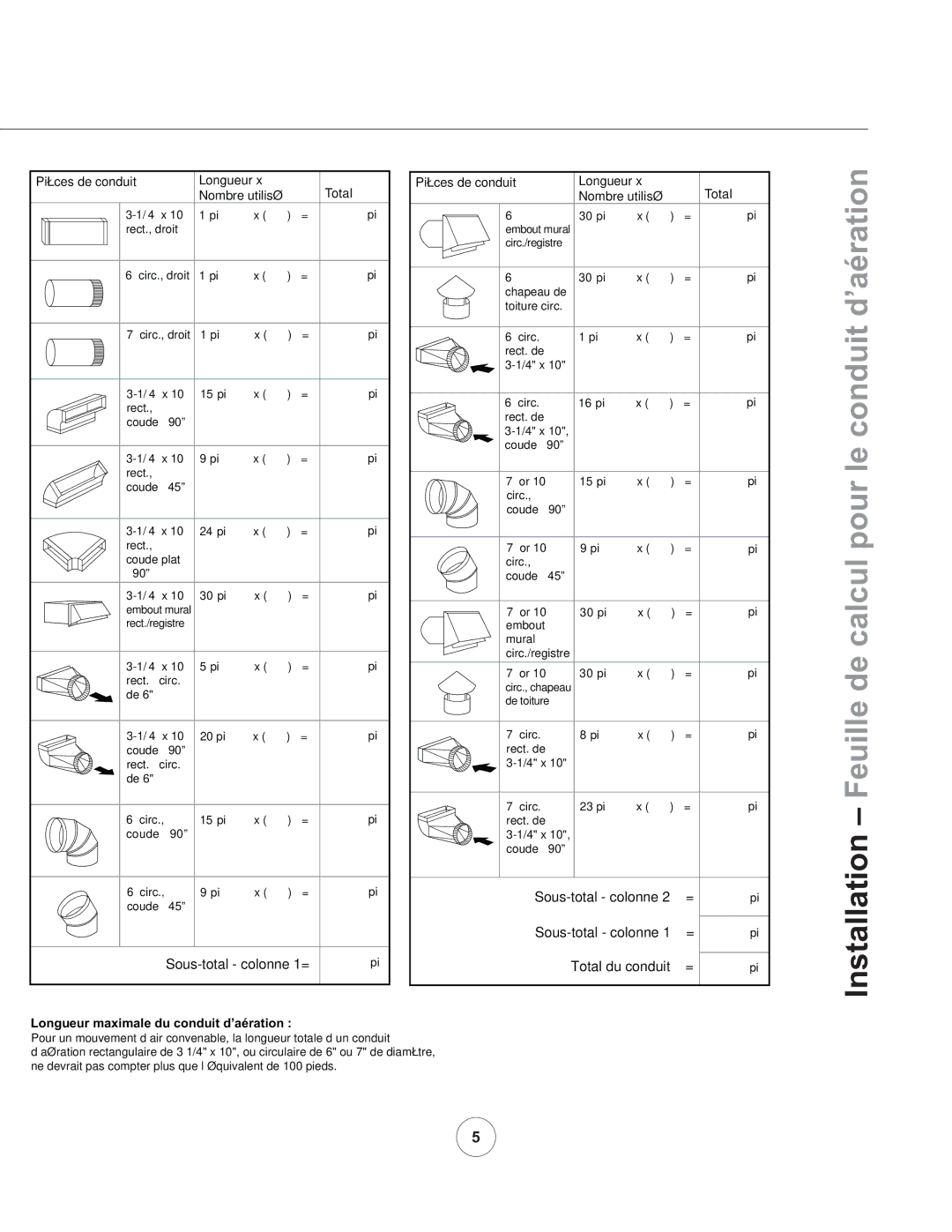 Zephyr ZGE-E36AS290, ZGE-E30AS290 manual Installation Feuille de calcul pour le conduit d’aération 