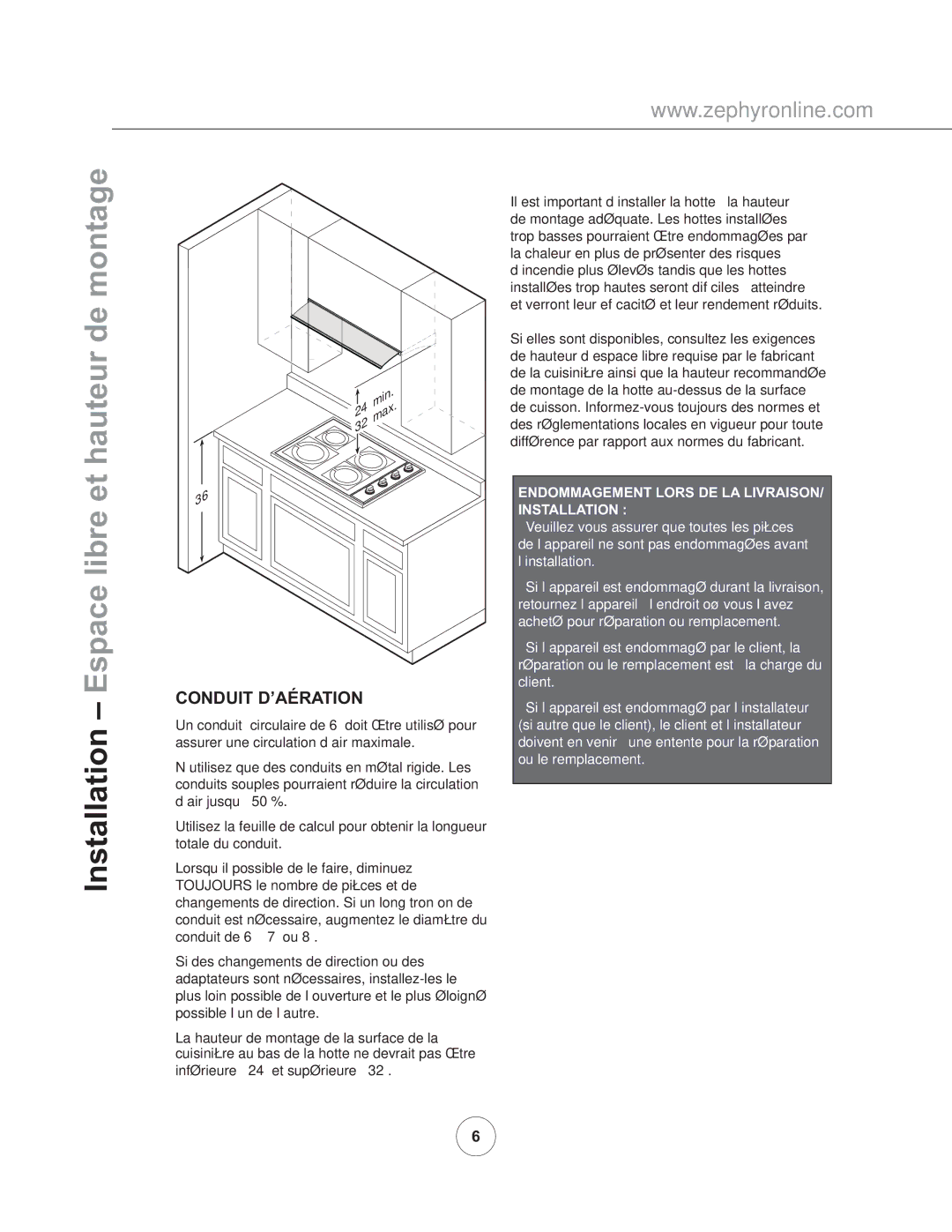 Zephyr ZGE-E30AS290, ZGE-E36AS290 manual Hauteur de montage, Conduit D’AÉRATION 