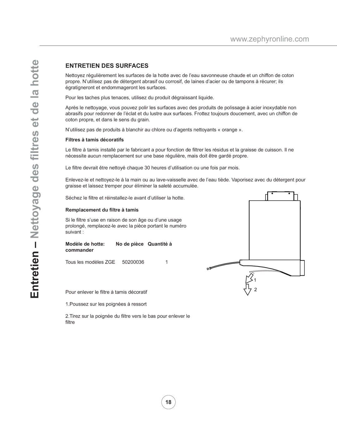 Zephyr ZGE-E30AS290, ZGE-E36AS manual Des ﬁltres et de la hotte, Entretien DES Surfaces, Filtres à tamis décoratifs 