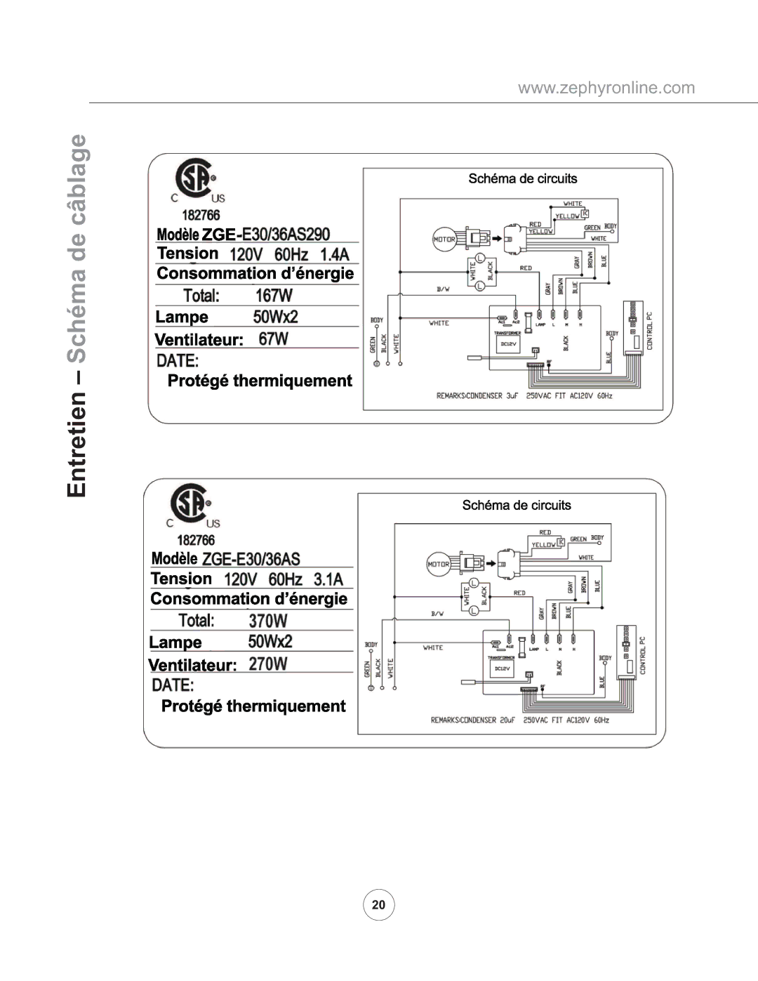 Zephyr ZGE-E30AS290, ZGE-E36AS290 manual Entretien Schéma de câblage 