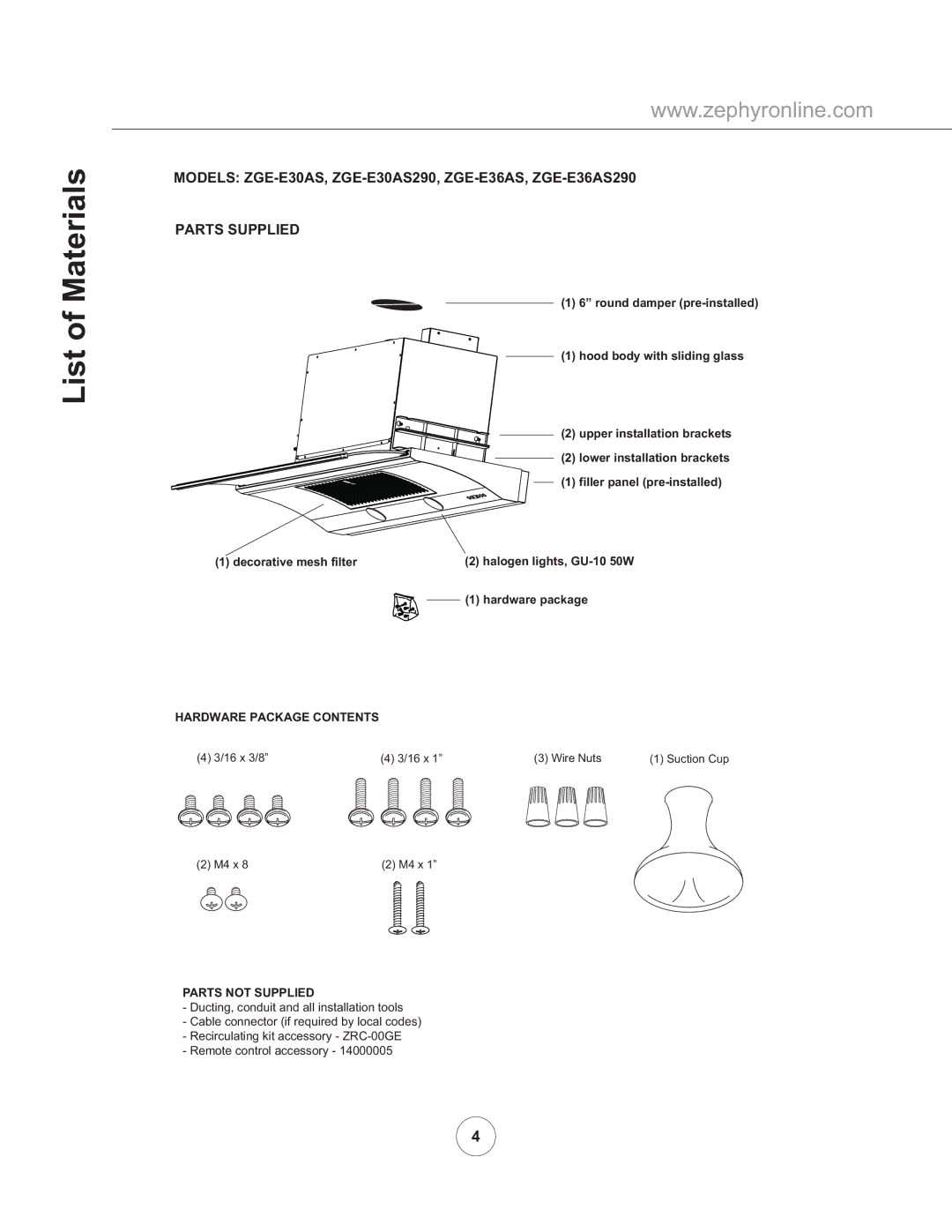 Zephyr ZGE-E30AS290, ZGE-E36AS290 manual List of Materials, Parts not Supplied 