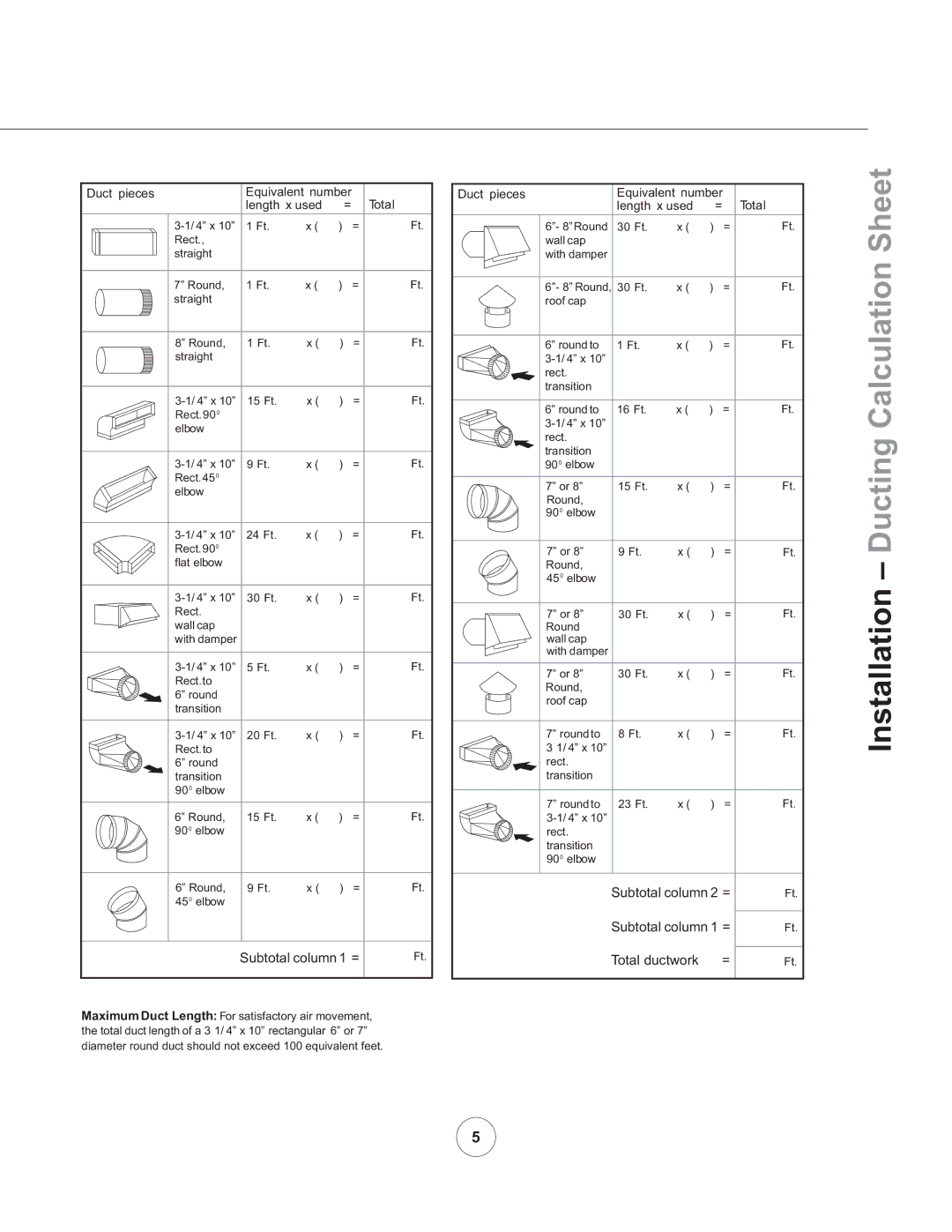 Zephyr ZGE-E36AS290, ZGE-E30AS Installation Ducting Calculation Sheet, Duct pieces Equivalent number Total Length x used 