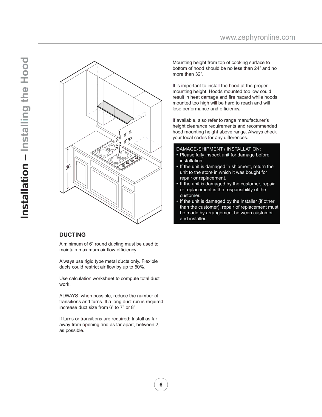 Zephyr ZGE-E30AS290, ZGE-E36AS290 manual Installation Installing the Hood, Ducting 