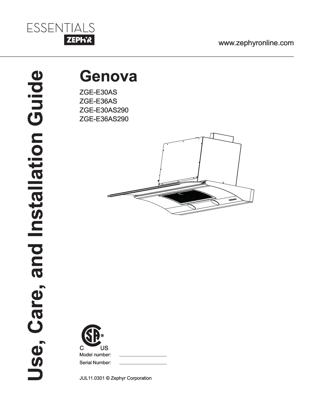Zephyr manual Genova, ZGE-E30AS ZGE-E36AS ZGE-E30AS290 ZGE-E36AS290, Use, Care, and Installation Guide 