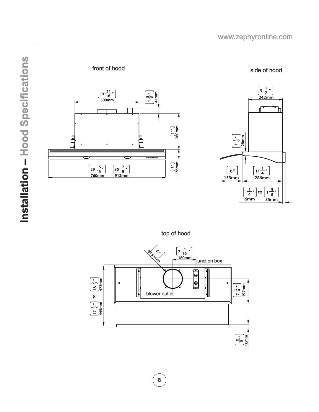 Zephyr ZGE-E36AS Installation - Hood Speciﬁcations, front of hood, side of hood, top of hood, 153mm, junction box, 41mm 