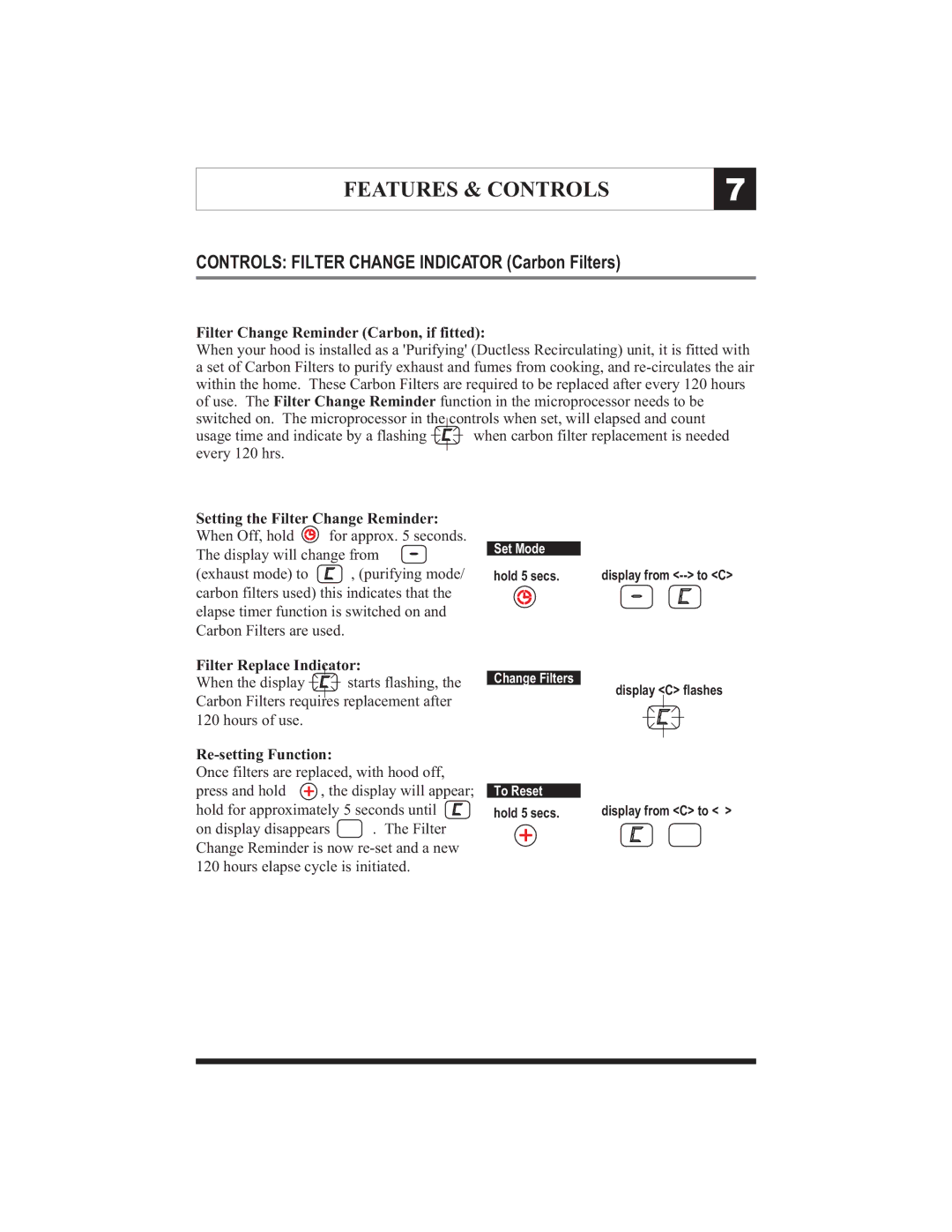 Zephyr ZMI-M90G, ZMI-M90S manual Controls Filter Change Indicator Carbon Filters, Filter Change Reminder Carbon, if fitted 