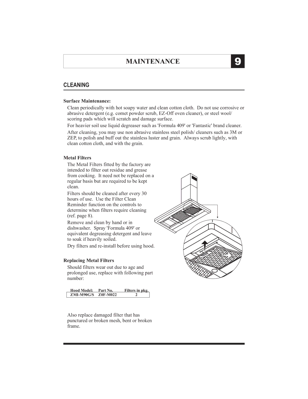 Zephyr ZMI-M90G, ZMI-M90S manual Cleaning, Surface Maintenance, Replacing Metal Filters 