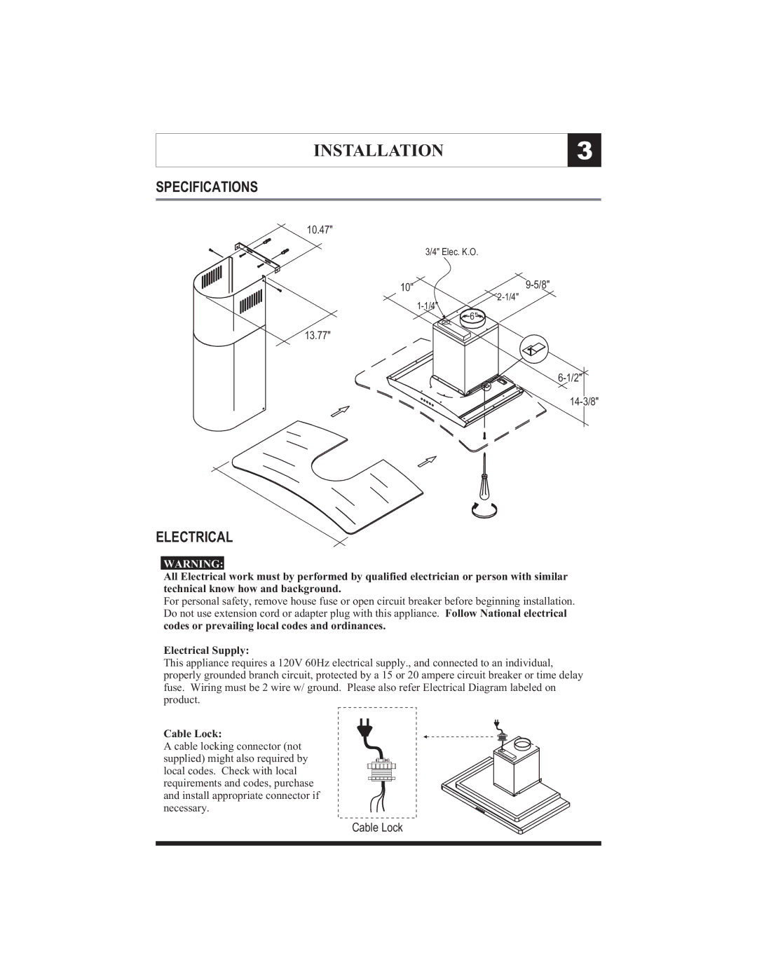 Zephyr ZMI-M90G, ZMI-M90S manual Specifications, Electrical, Cable Lock 