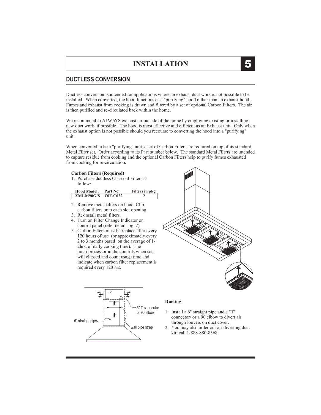 Zephyr ZMI-M90G, ZMI-M90S manual Ductless Conversion, Carbon Filters Required, Ducting 