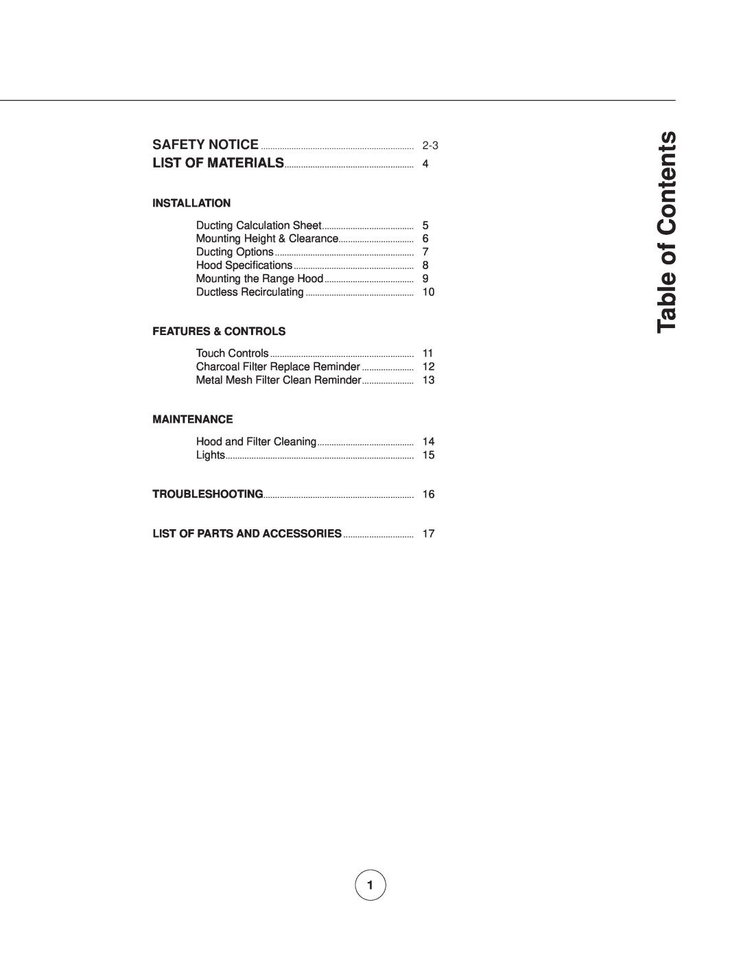 Zephyr ZMI-M90AS Table of Contents, Installation, Features & Controls, Maintenance, List Of Parts And Accessories, Lights 