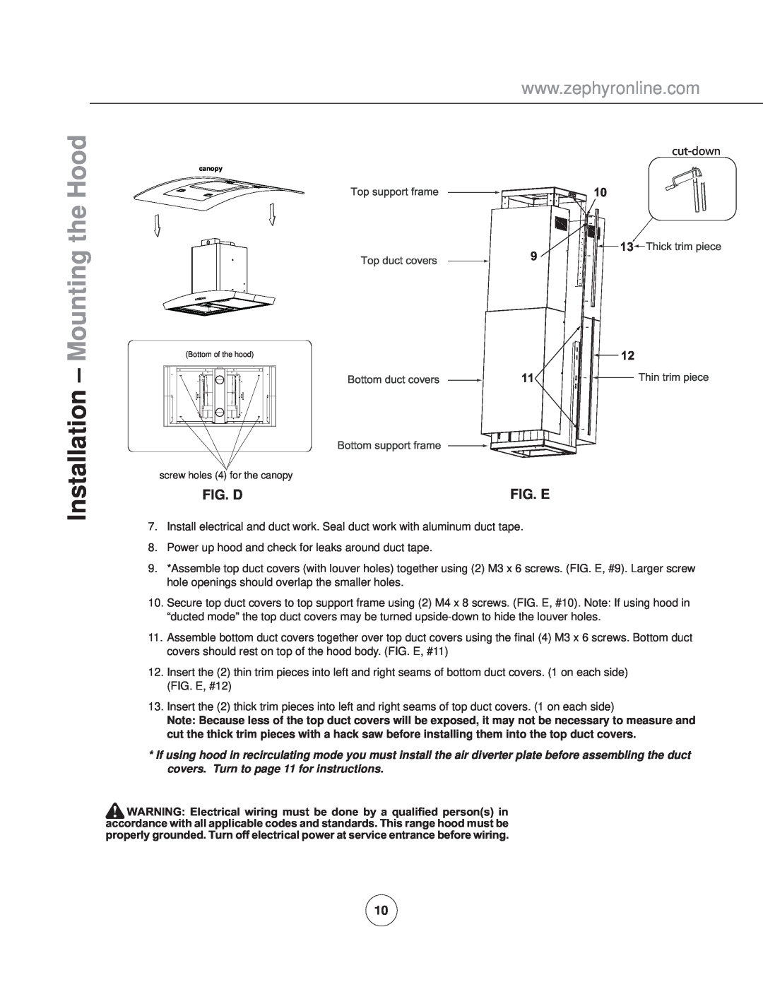 Zephyr ZML-M90AG/AS, ZML-E42AG/AS manual Installation - Mounting the Hood, Fig. D, Fig. E, cut-down 