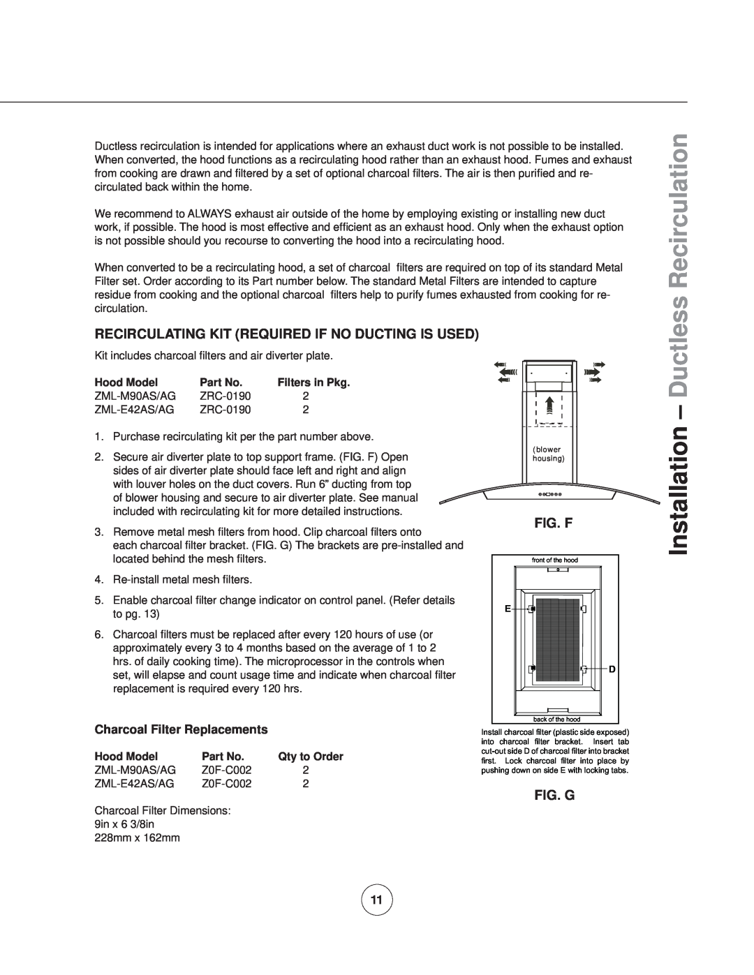Zephyr ZML-E42AG/AS Ductless Recirculation, Installation, Recirculating Kit Required If No Ducting Is Used, Fig. F, Fig. G 