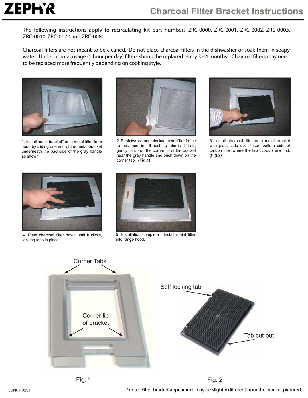 Zephyr ZRC-0010, ZRC-0070, ZRC-0080, ZRC-0001, ZRC-0003, ZRC-0000, ZRC-0002 manual Charcoal Filter Bracket Instructions 