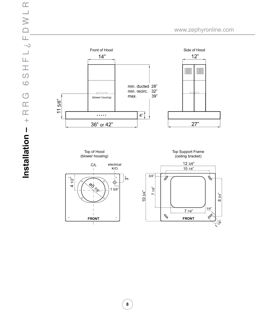 Zephyr ZRM-E42AS, ZRM-E36AS manual Front of Hood, Side of Hood, 10 1/8 