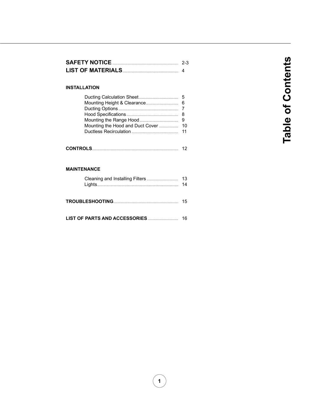 Zephyr ZRM-E36AS, ZRM-E42AS manual Table of Contents, Mounting the Hood and Duct Cover, Cleaning and Installing Filters 