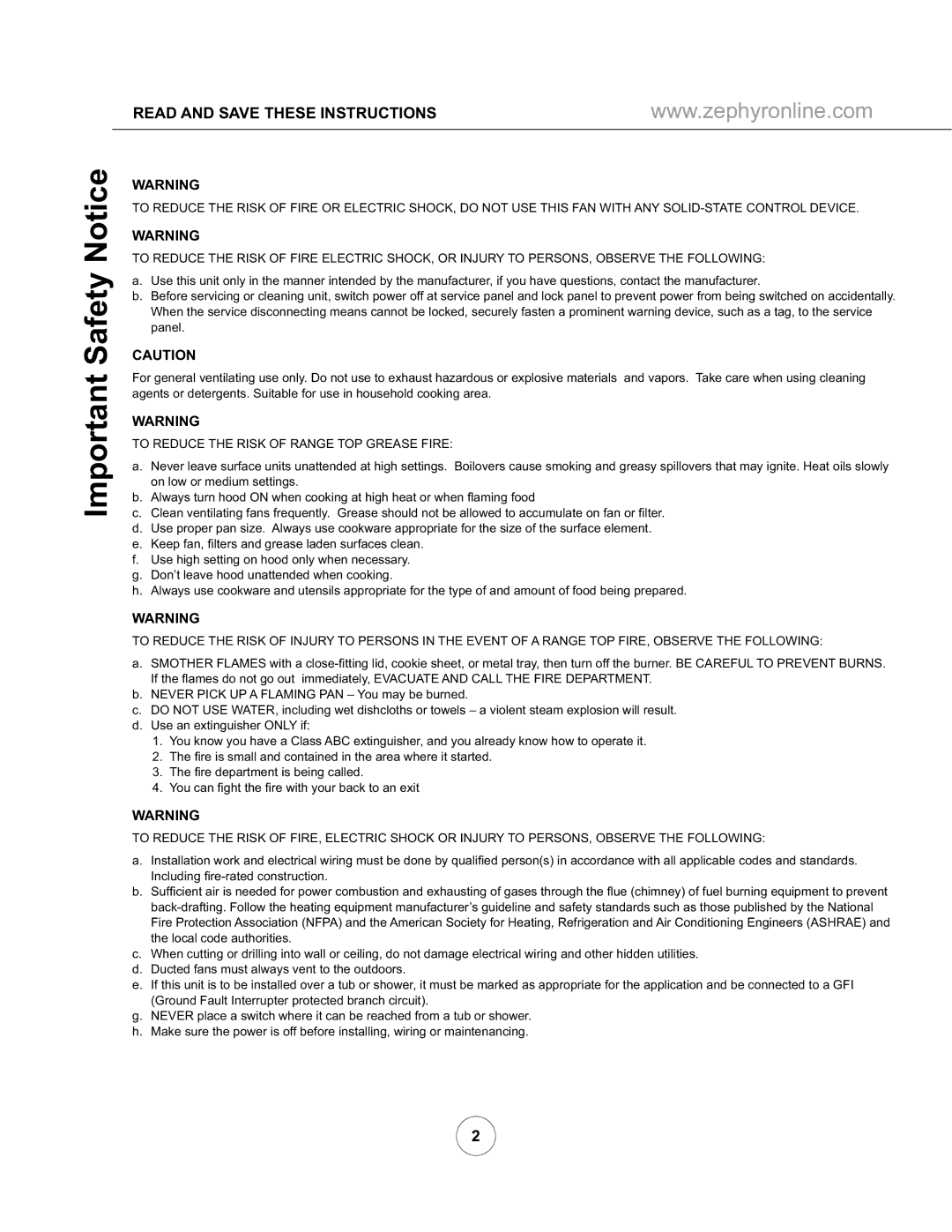 Zephyr ZRM-E42AS, ZRM-E36AS manual Important Safety Notice, Read and Save These Instructions 