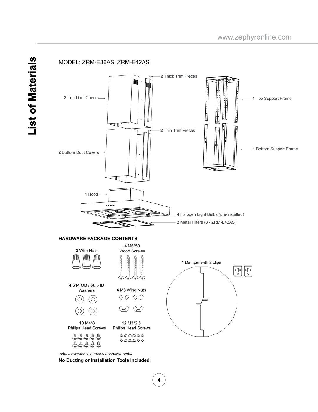 Zephyr manual List of Materials, Model ZRM-E36AS, ZRM-E42AS 