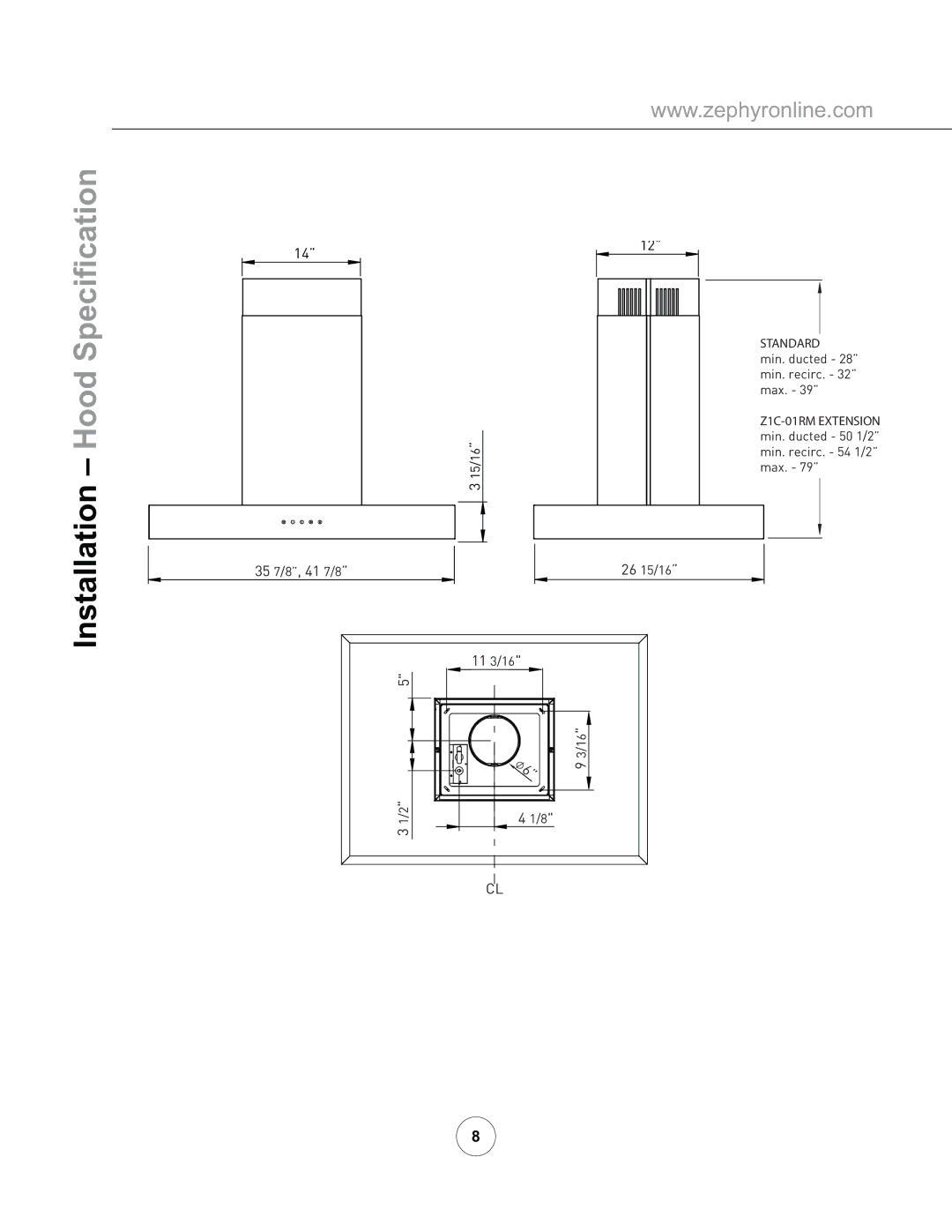 Zephyr ZRM-E42BS290, ZRM-E36BS290 manual Standard Z1C-01RM Extension 