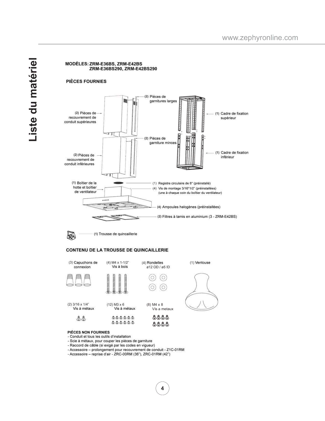 Zephyr ZRM-E42BS290, ZRM-E36BS290 manual Liste du matériel 