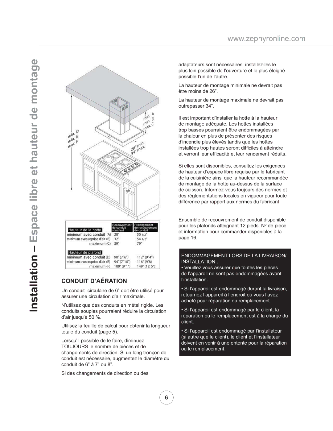 Zephyr ZRM-E42BS290, ZRM-E36BS290 manual Installation Espace libre et hauteur de montage, Conduit D’AÉRATION 