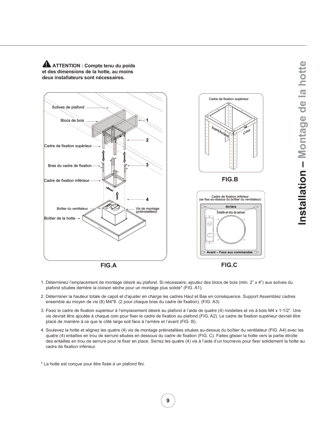 Zephyr ZRM-E36BS290, ZRM-E42BS290 manual Installation Montage de la hotte 