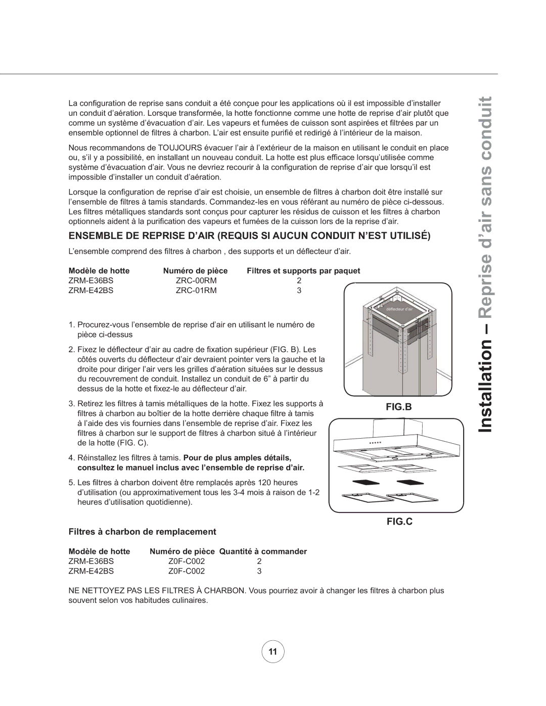 Zephyr ZRM-E42BS290, ZRM-E36BS290 manual Installation Reprise d’air sans conduit 