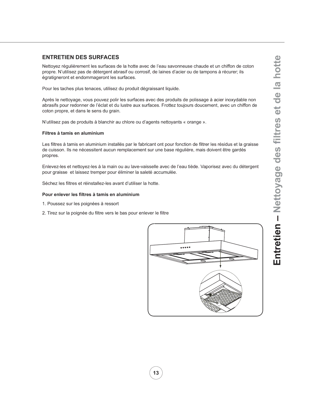 Zephyr ZRM-E36BS290, ZRM-E42BS290 manual Entretien DES Surfaces, Filtres à tamis en aluminium 