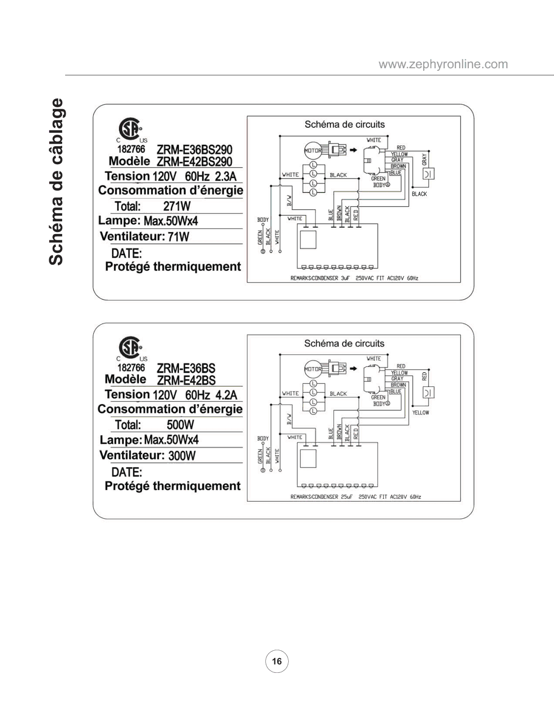 Zephyr ZRM-E42BS290, ZRM-E36BS290 manual Schéma de câblage 