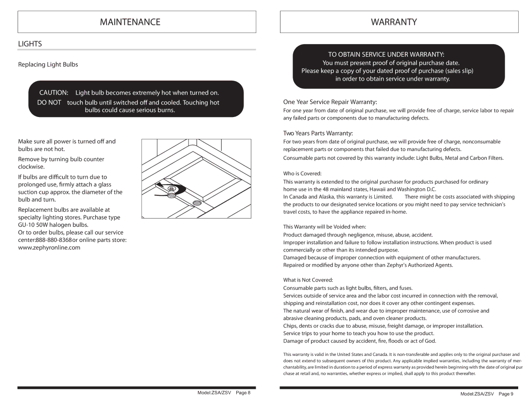 Zephyr ZSAE30AS, ZSV-M90AS, ZSV-E30AS, ZSA-M90AS manual Maintenance, Lights 
