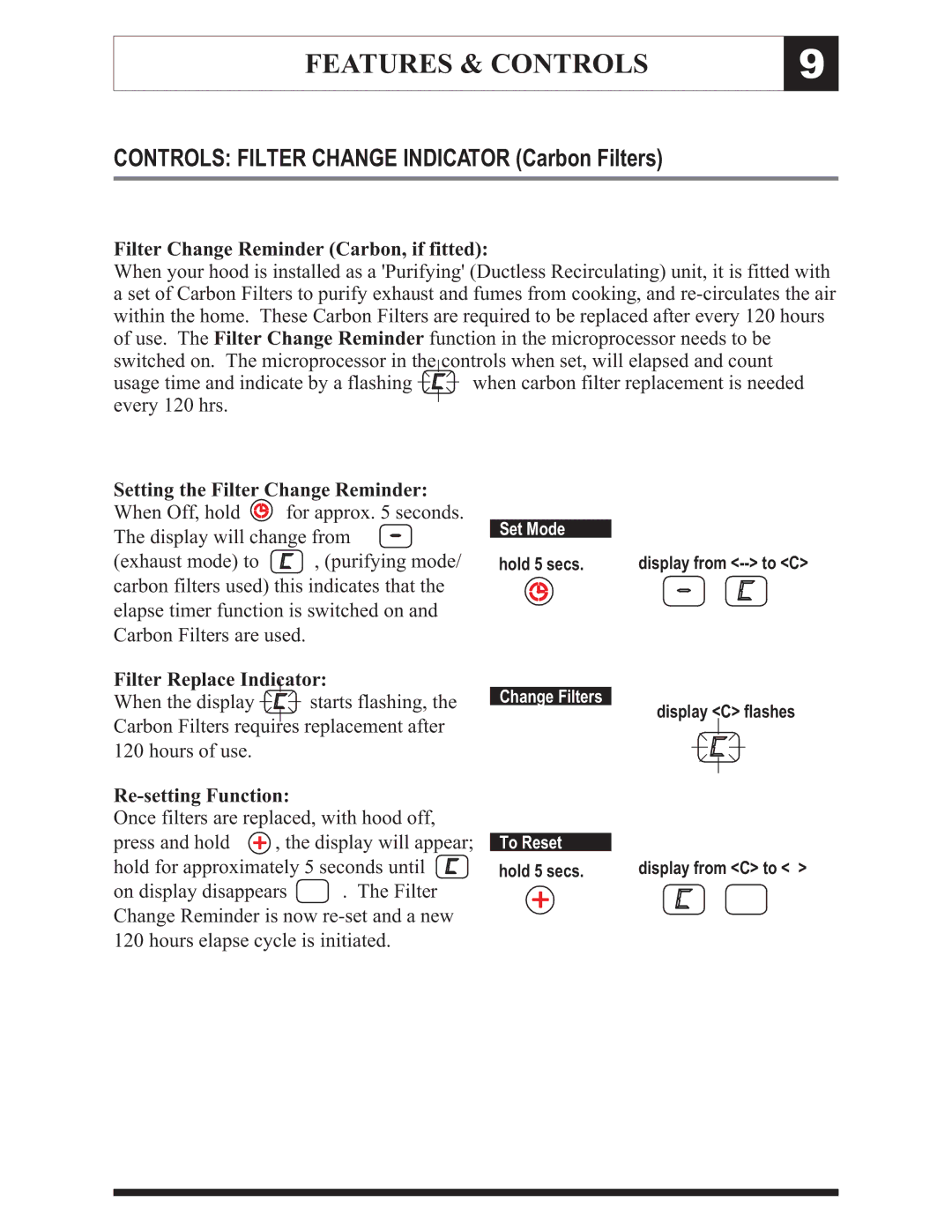 Zephyr ZTO-M795 manual Controls Filter Change Indicator Carbon Filters, Filter Change Reminder Carbon, if fitted 