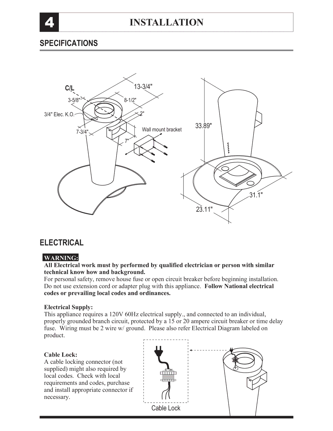 Zephyr ZTO-M795 manual Specifications, Electrical, Cable Lock 