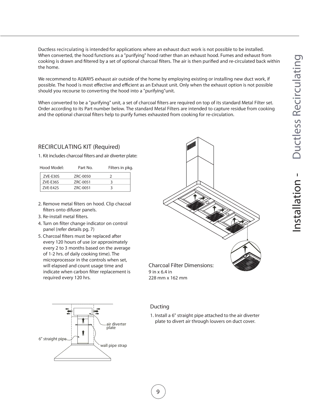 Zephyr ZVE-E42S, ZVE-E30S, ZVE-E36S manual Ductless Recirculating, Installation, Charcoal Filter Dimensions, Ducting 