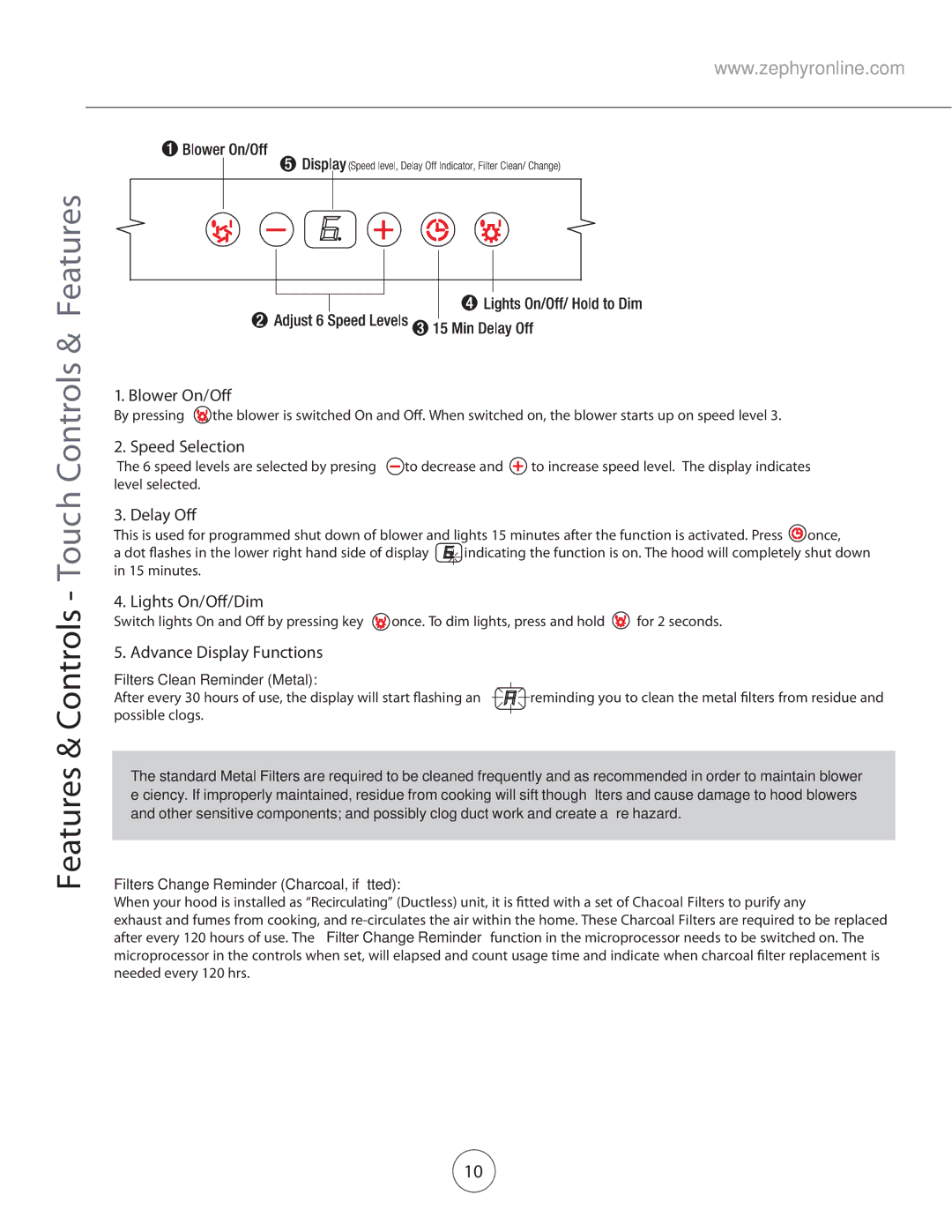 Zephyr ZVE-E30S, ZVE-E36S, ZVE-E42S manual Features & Controls Touch Controls & Features 